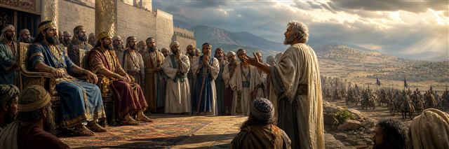 Micaiah standing alone before Jehoshaphat, Ahab, and a crowd of court prophets